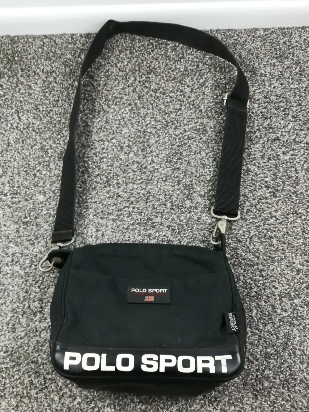 Vintage Polo Sport Ralph Lauren Nylon Messenger Bag Black Cross Body 90s